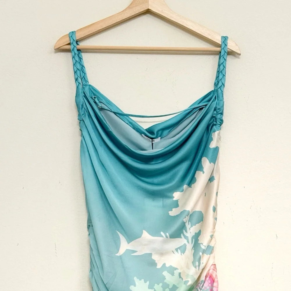 NWT Leo Lin Rachel Cowl Neck Silk Slip Dress Neptune Print in Sea Grass Size 12 - Picture 10 of 16